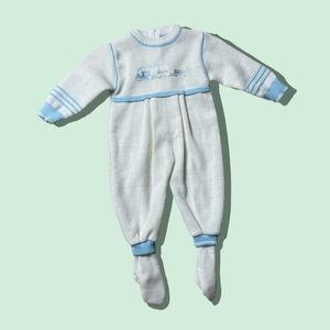 Vintage Carriage Boutiques Cream And Blue Train Footie Knit One Piece For Baby